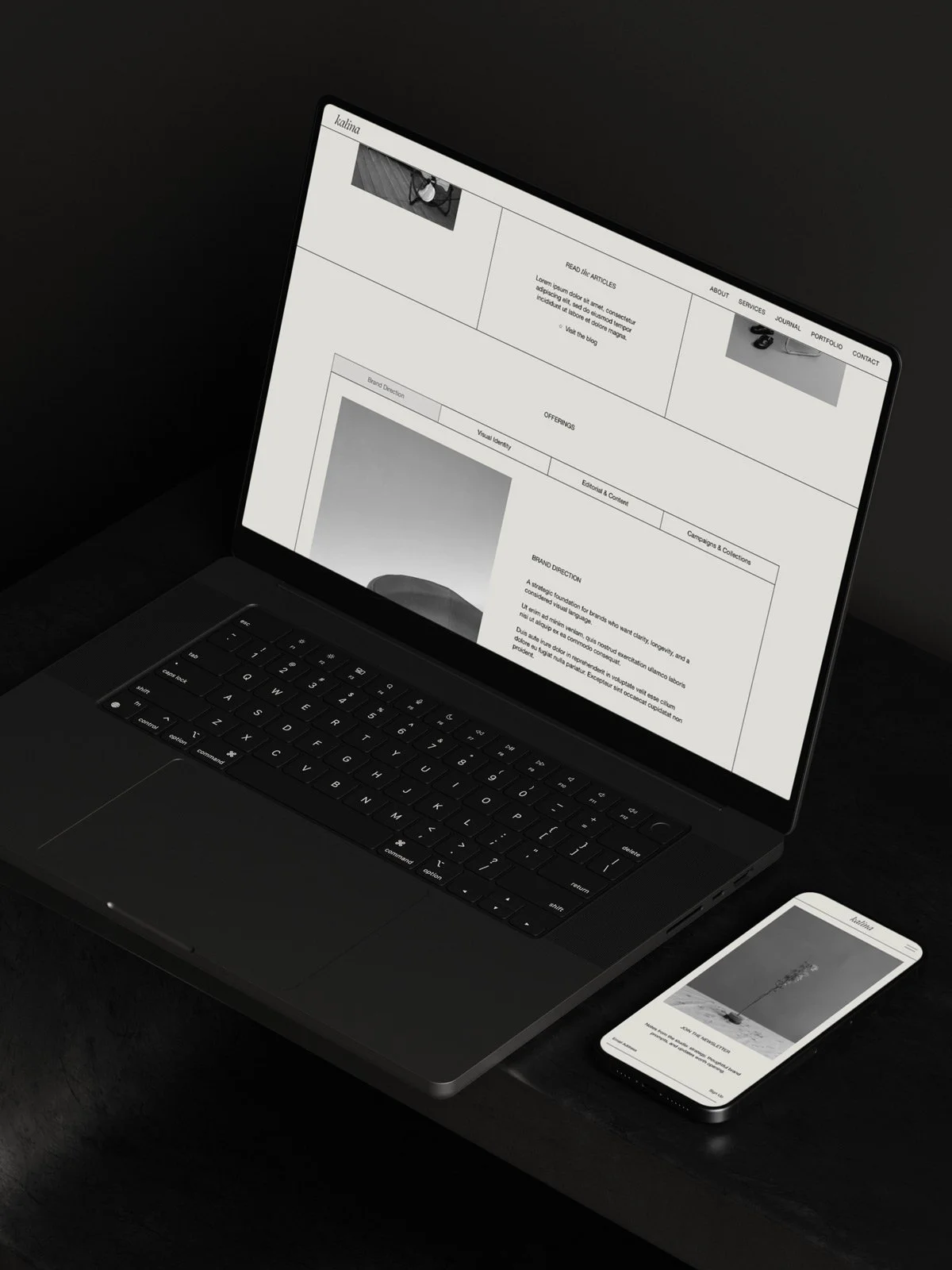 The Kalina Squarespace portfolio template displayed on a laptop.