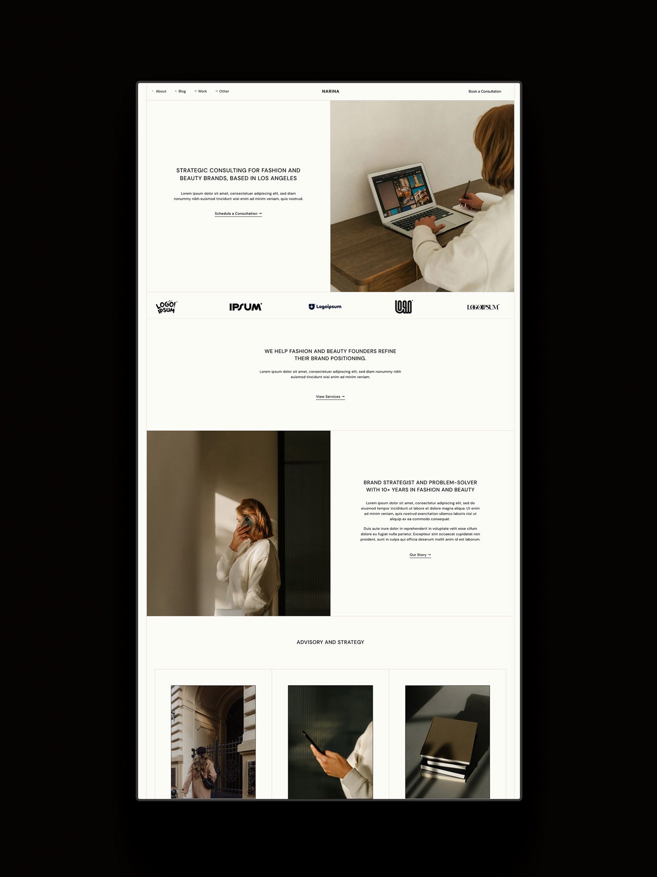 The home page of the Narina Squarespace consultant template.