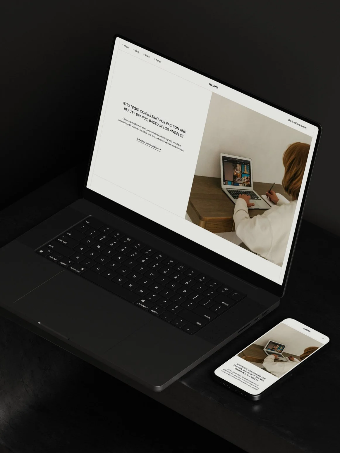 A premium Squarespace template displayed on a laptop and mobile phone screen.