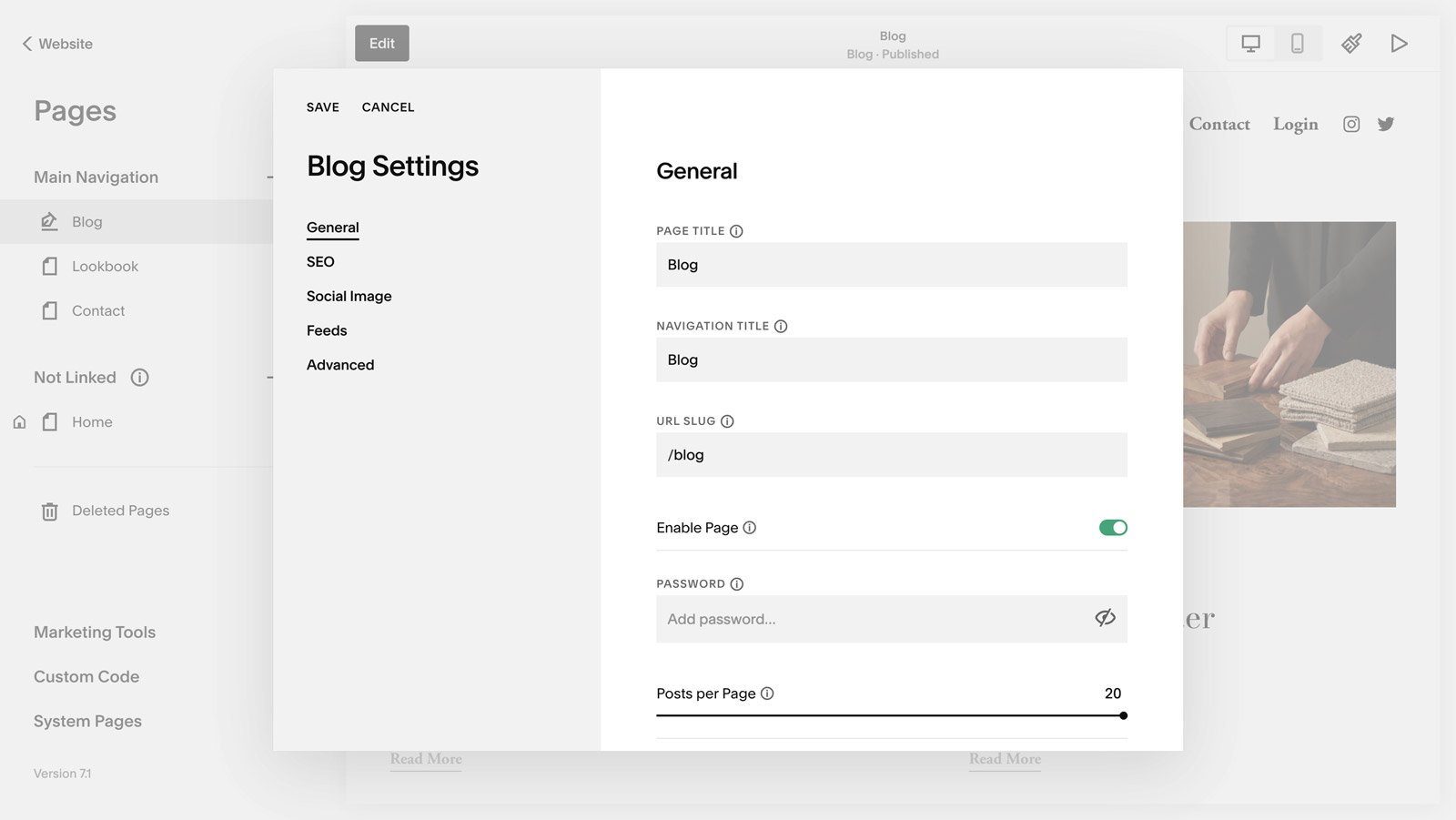 Adding Squarespace Blog Collection settings.