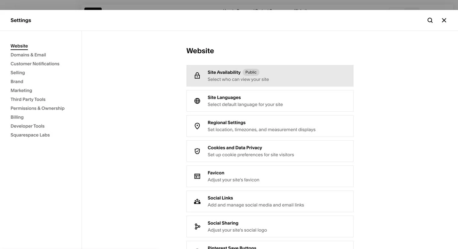 Screenshot of Squarespace Website Settings menu showing options like Site Availability, where you can go to password protect your site.