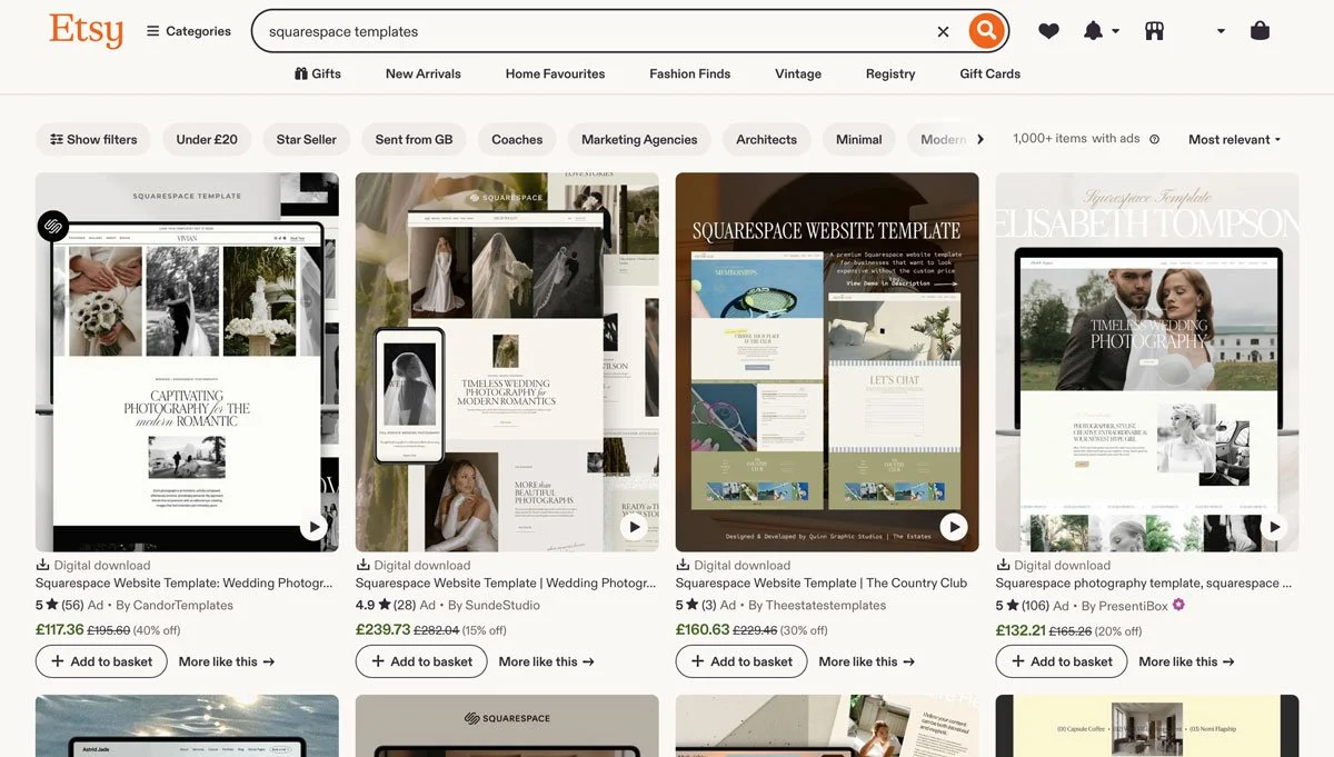 A screenshot of Squarespace Templates for sale on the Etsy website.