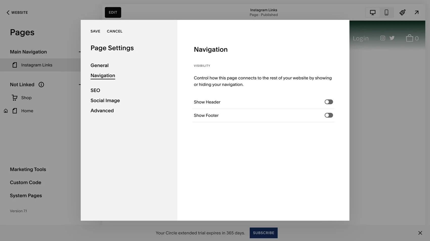 A screenshot of the Squarespace page navigation settings.
