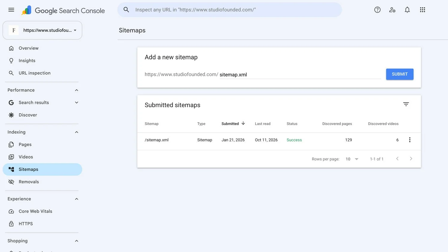 A successful Google sitemap submission.