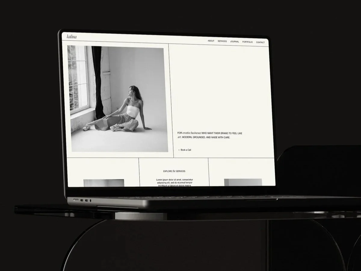 The Kalina Squarespace template displayed on a laptop screen.
