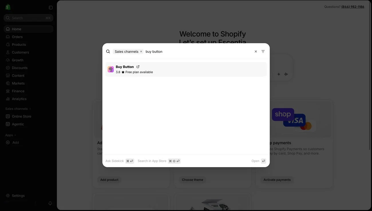Selecting the Buy Button in Shopify Sales Channels.