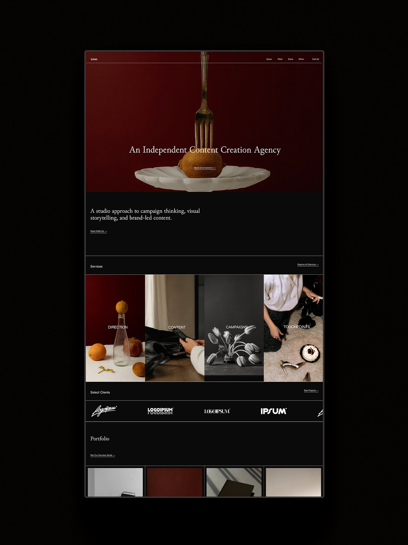 A screenshot of a website homepage for a content creation agency. The top section features a red background with a fork piercing a food item on a white plate. Below, there are sections labeled 'Work With Us', 'Services', 'Portfolio', and images depicting various design and photography projects, with logos of clients.
