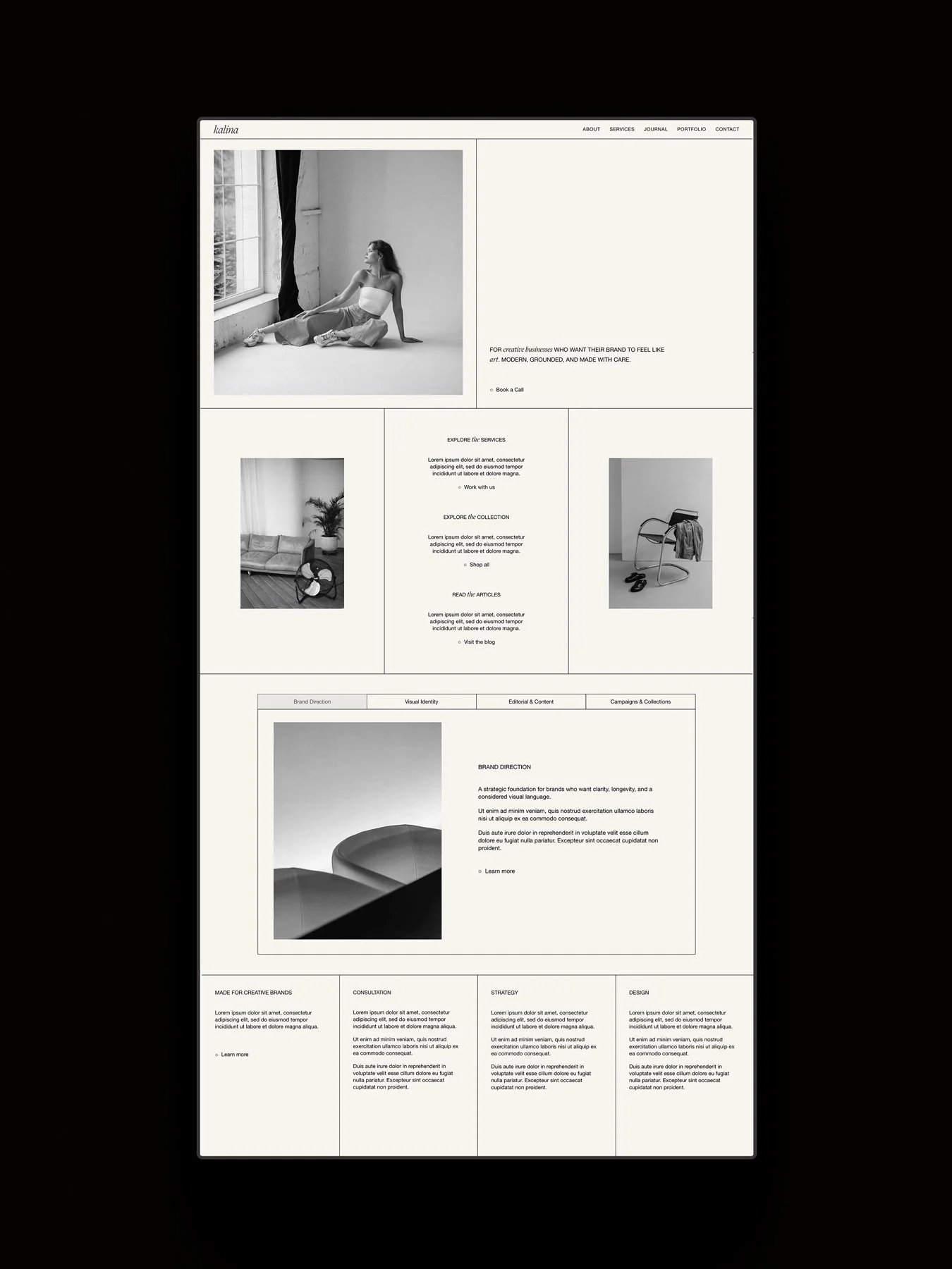 The home page of the Kalina Squarespace portfolio template.