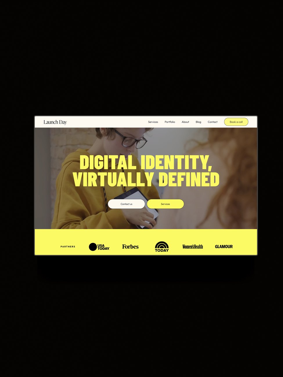 The Launch Day Squarespace template displayed on a horizontal screen.