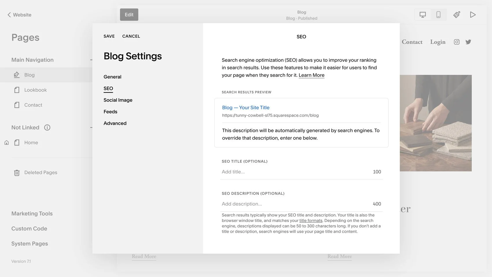 Squarespace's SEO settings.