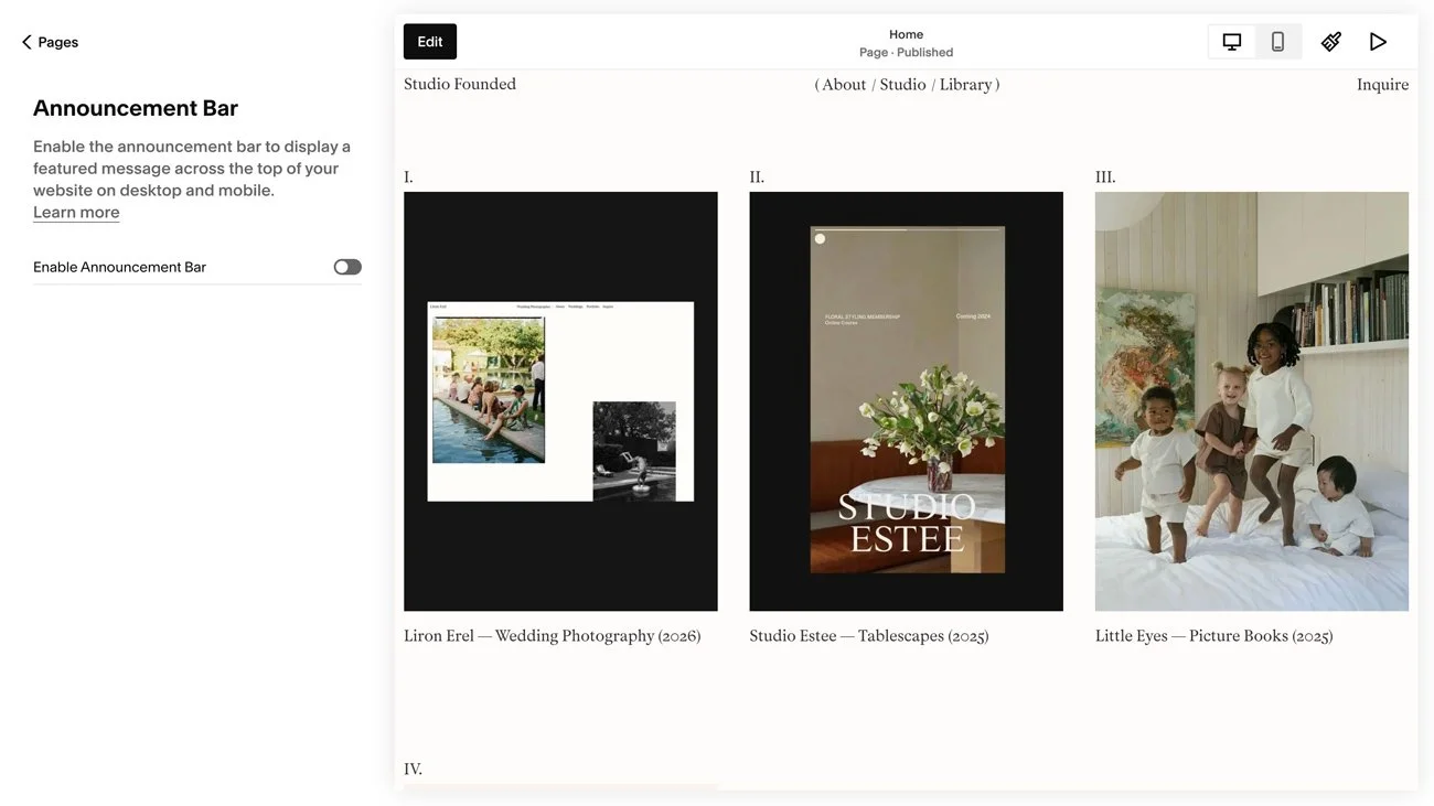 The Squarespace announcement bar toggle.