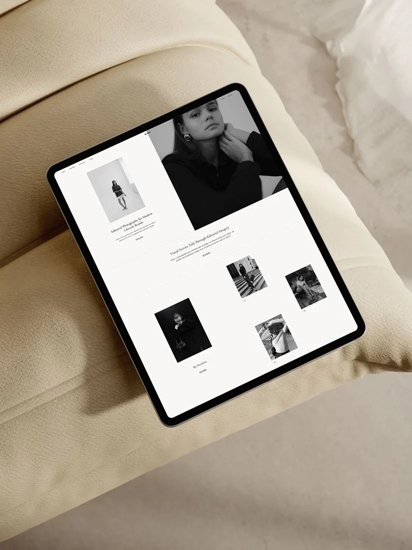 The Elara Squarespace template for photographers, displayed on an iPad.