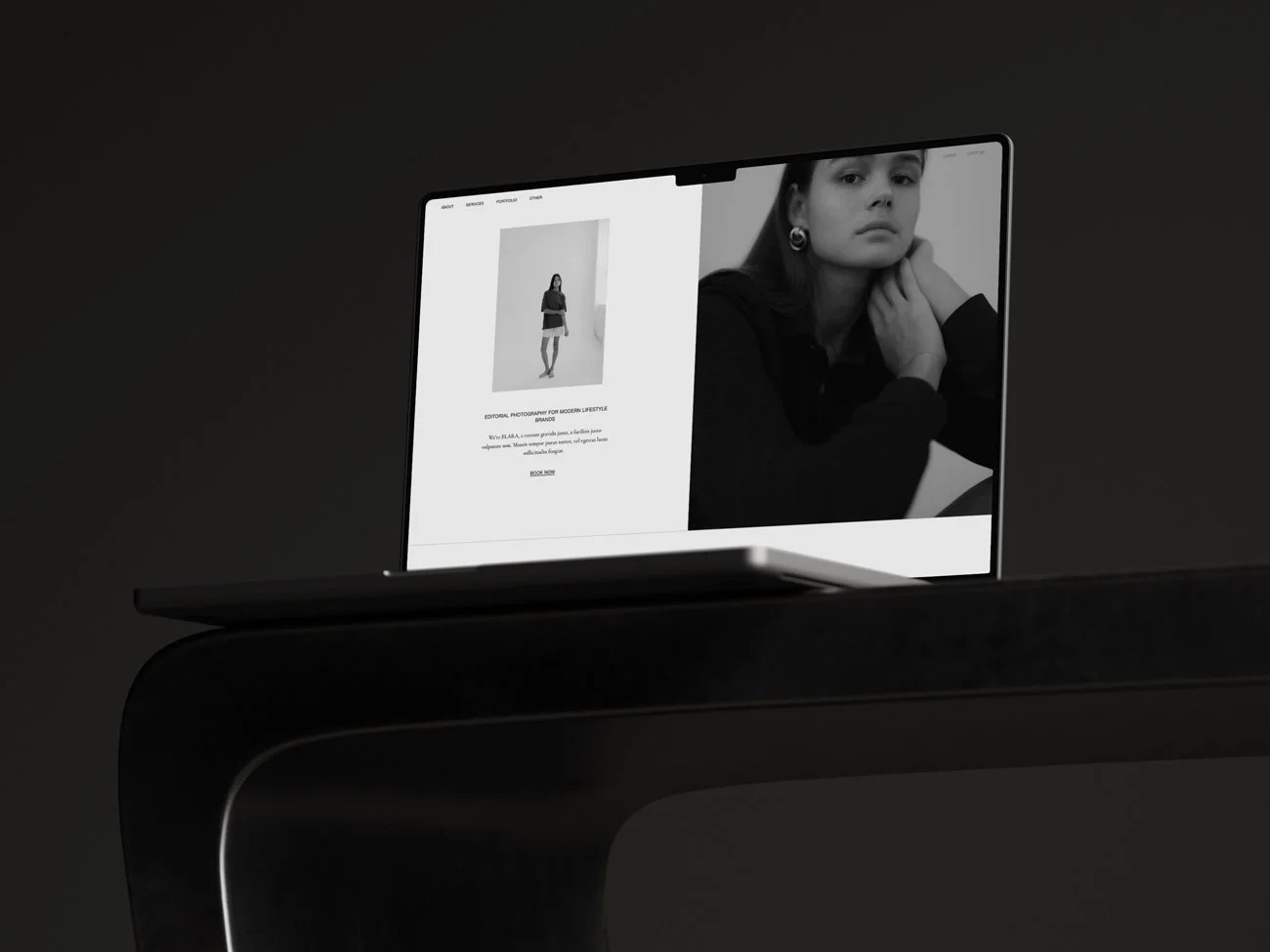The Elara Squarespace template for photographers displayed on a laptop screen.