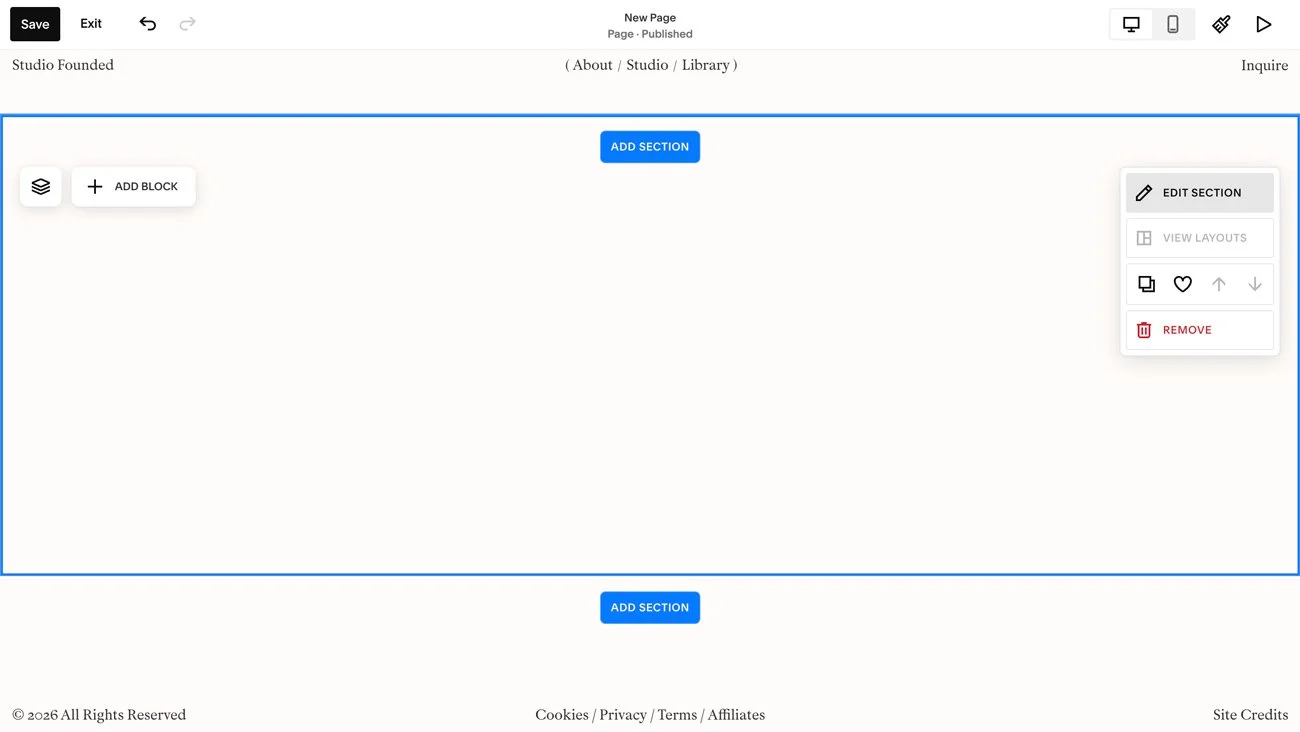 The Edit Section button in Squarespace.
