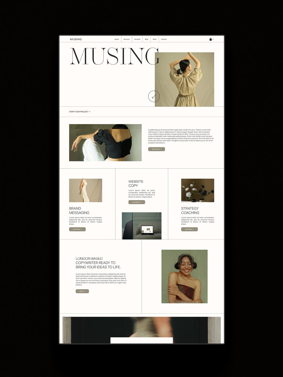 The Musing Squarespace template displayed on a vertical screen.