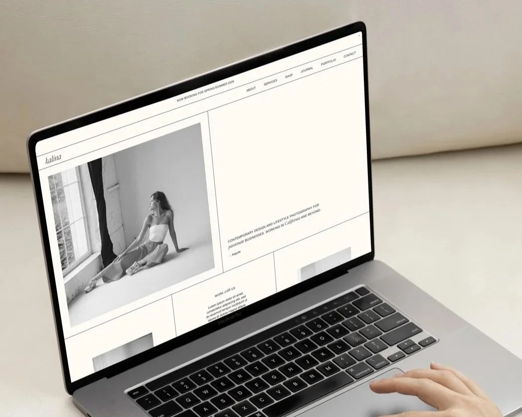 The Kalina Squarespace template displayed on a laptop screen.