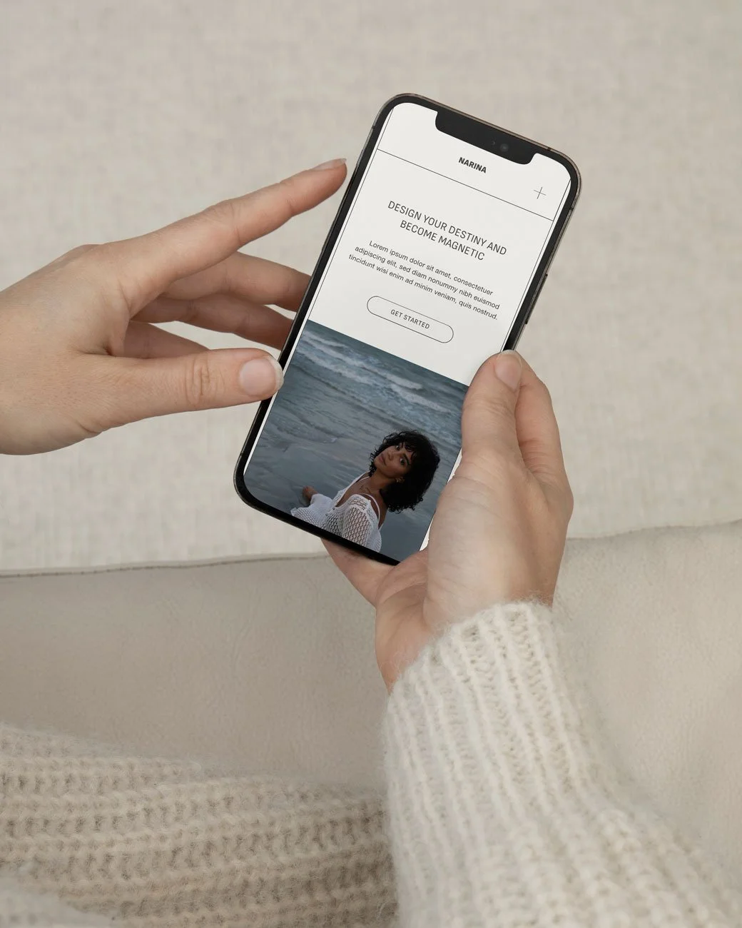 The Narina Squarespace template for coaches and consultants, displayed on a mobile.