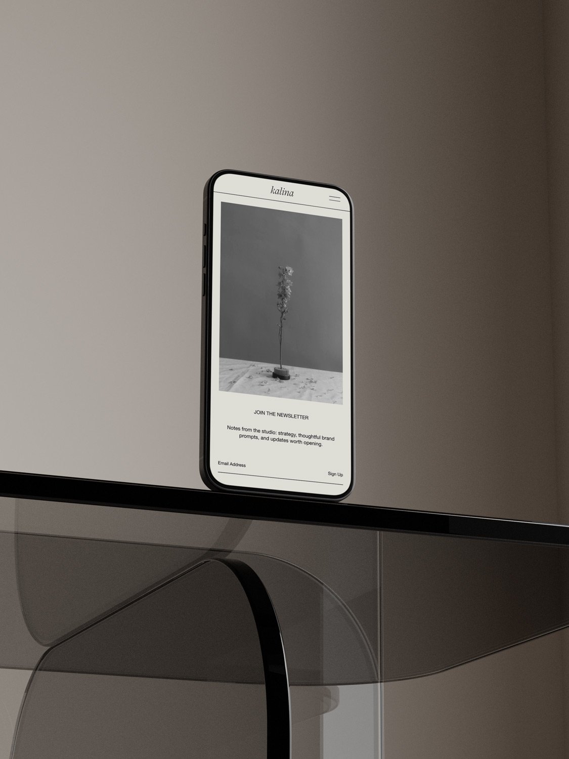 The Kalina Squarespace template for portfolios and services, displayed on a mobile phone screen.