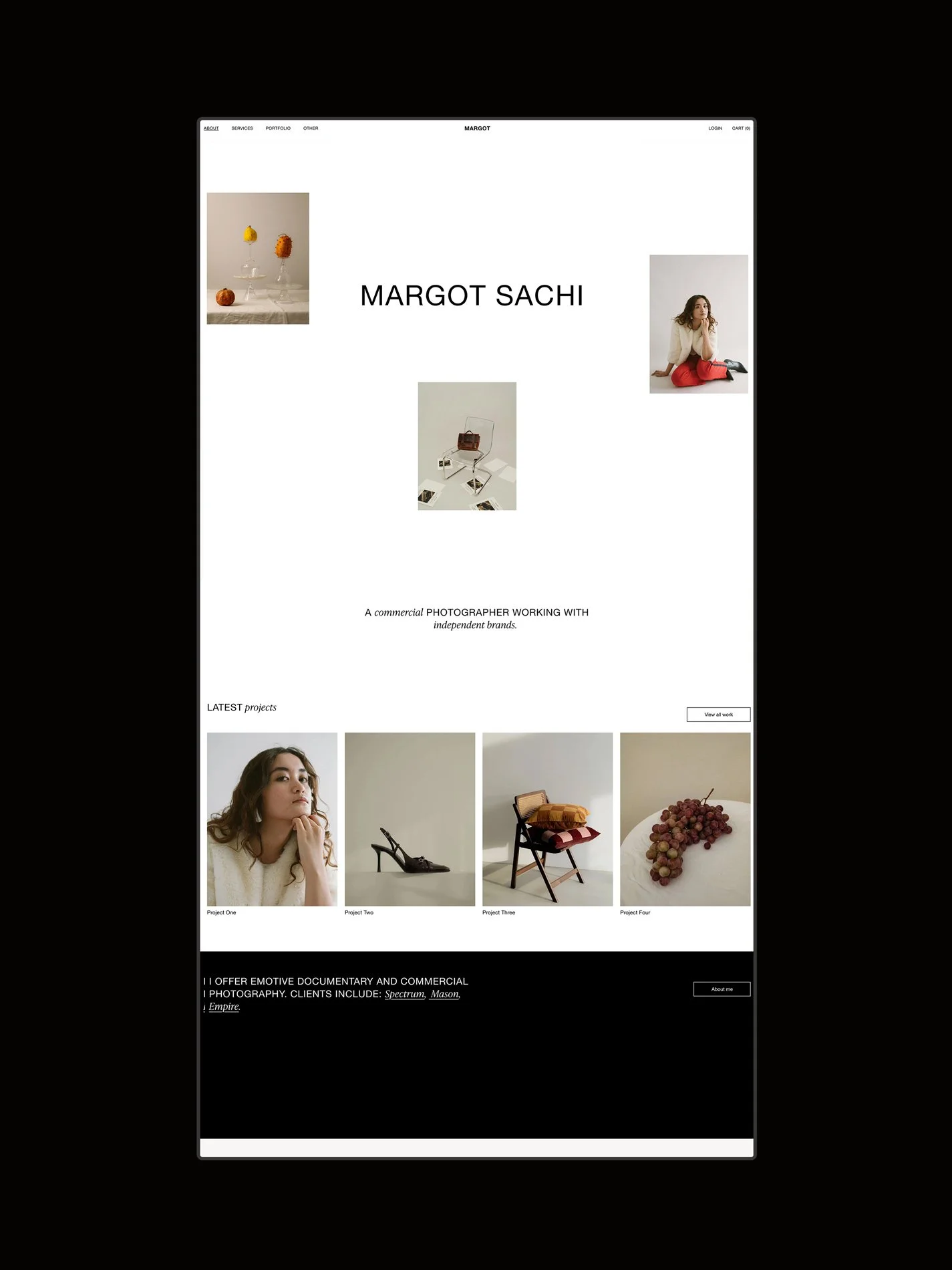 The Margot Squarespace photography template displayed on a black background.