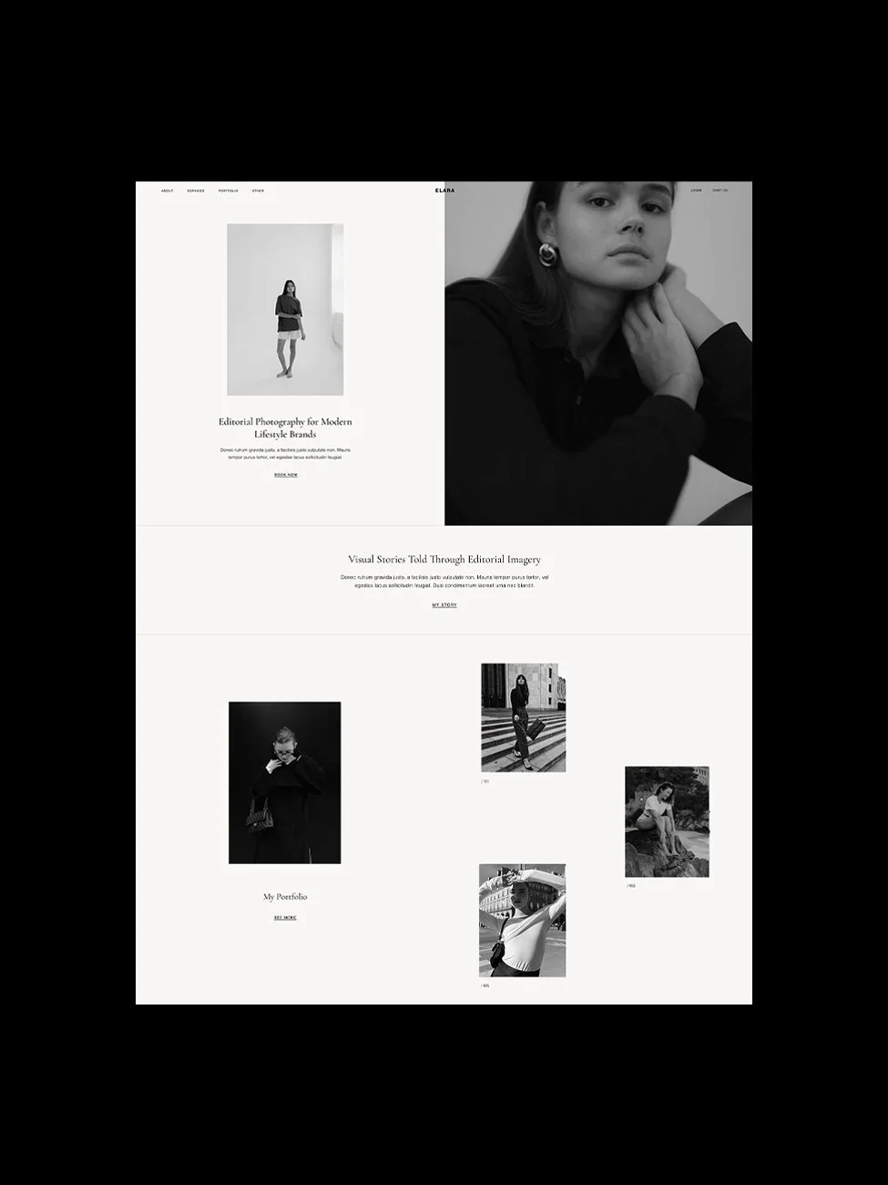 The Elara Squarespace template for photographers, displayed on a backdrop.