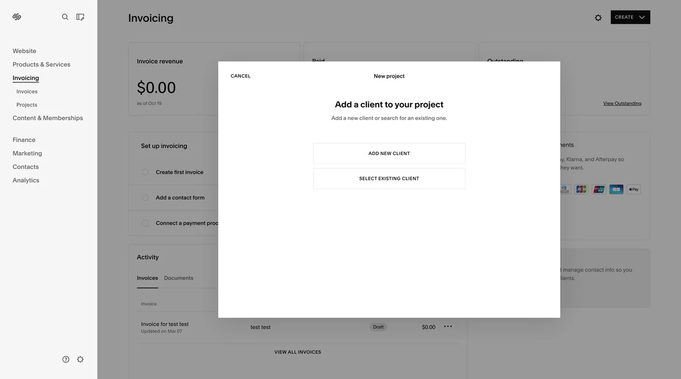 Adding a new client to the Squarespace Invoicing CRM system.