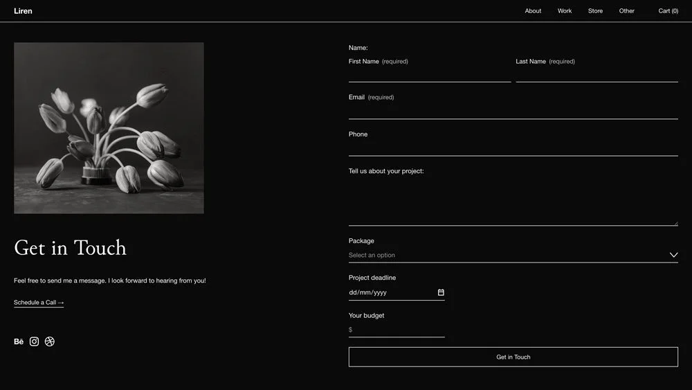 The Liren Squarespace template Contact page.