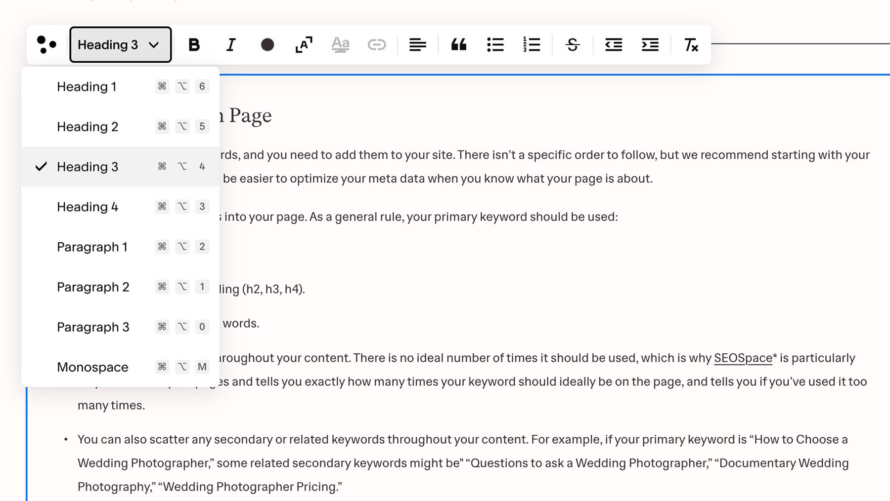 Setting headings in Squarespace using the Text Editor.