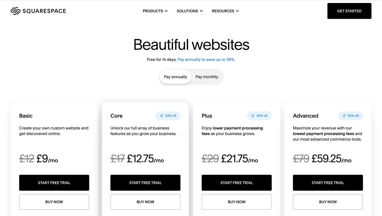 The Squarespace pricing page.