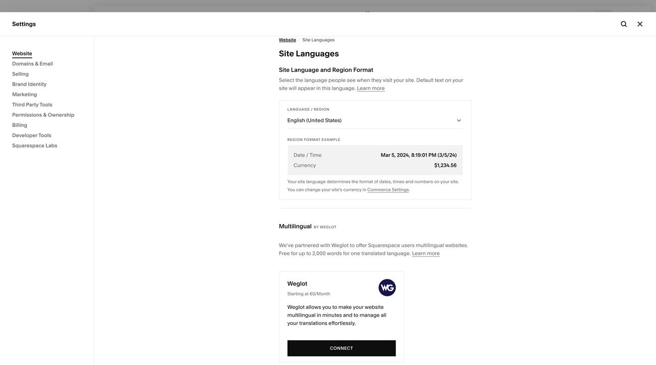 Weglot in the Squarespace setting, used to make a Squarespace site multilingual.