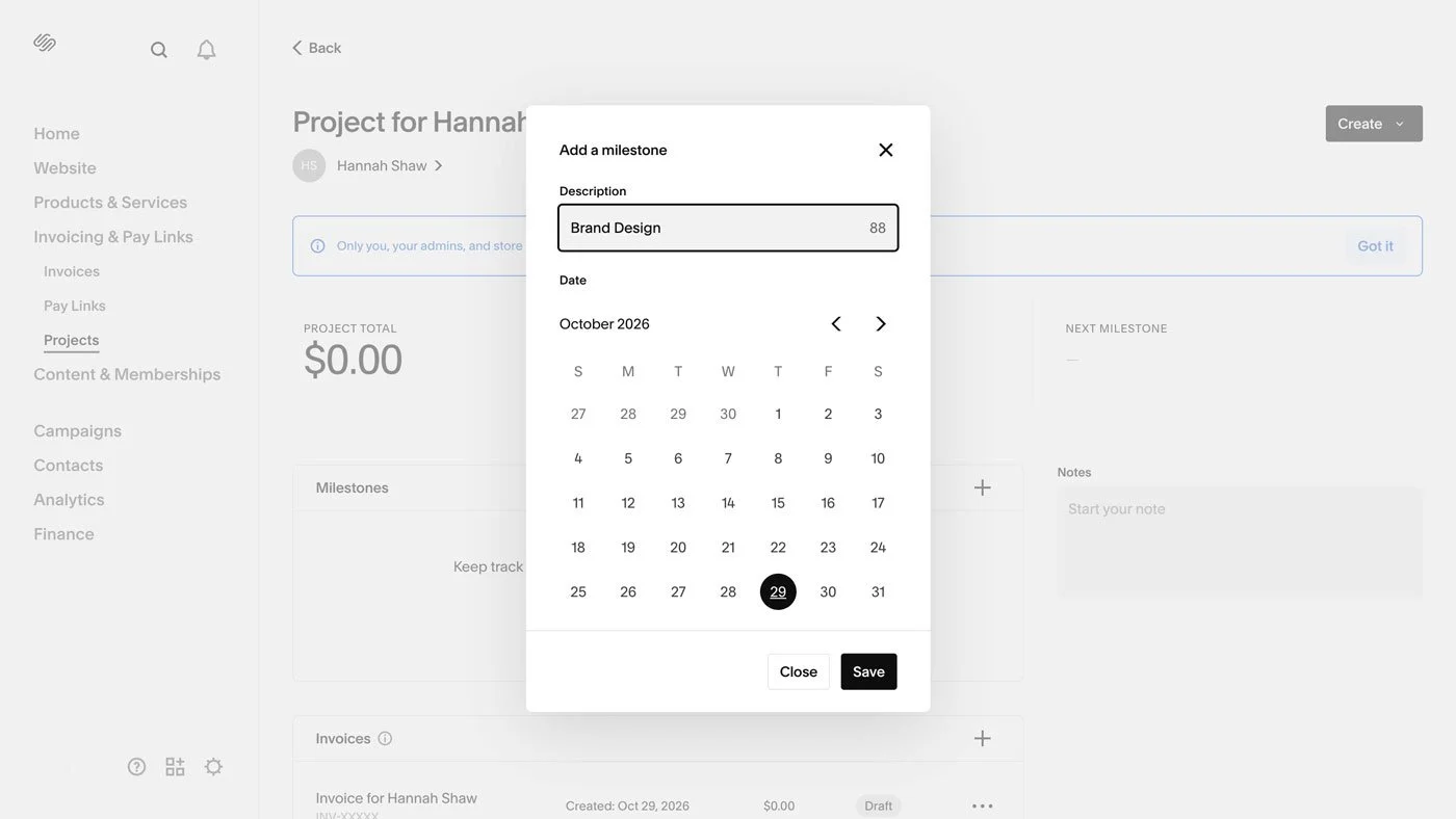 Creating a milestone in Squarespace Invoicing.