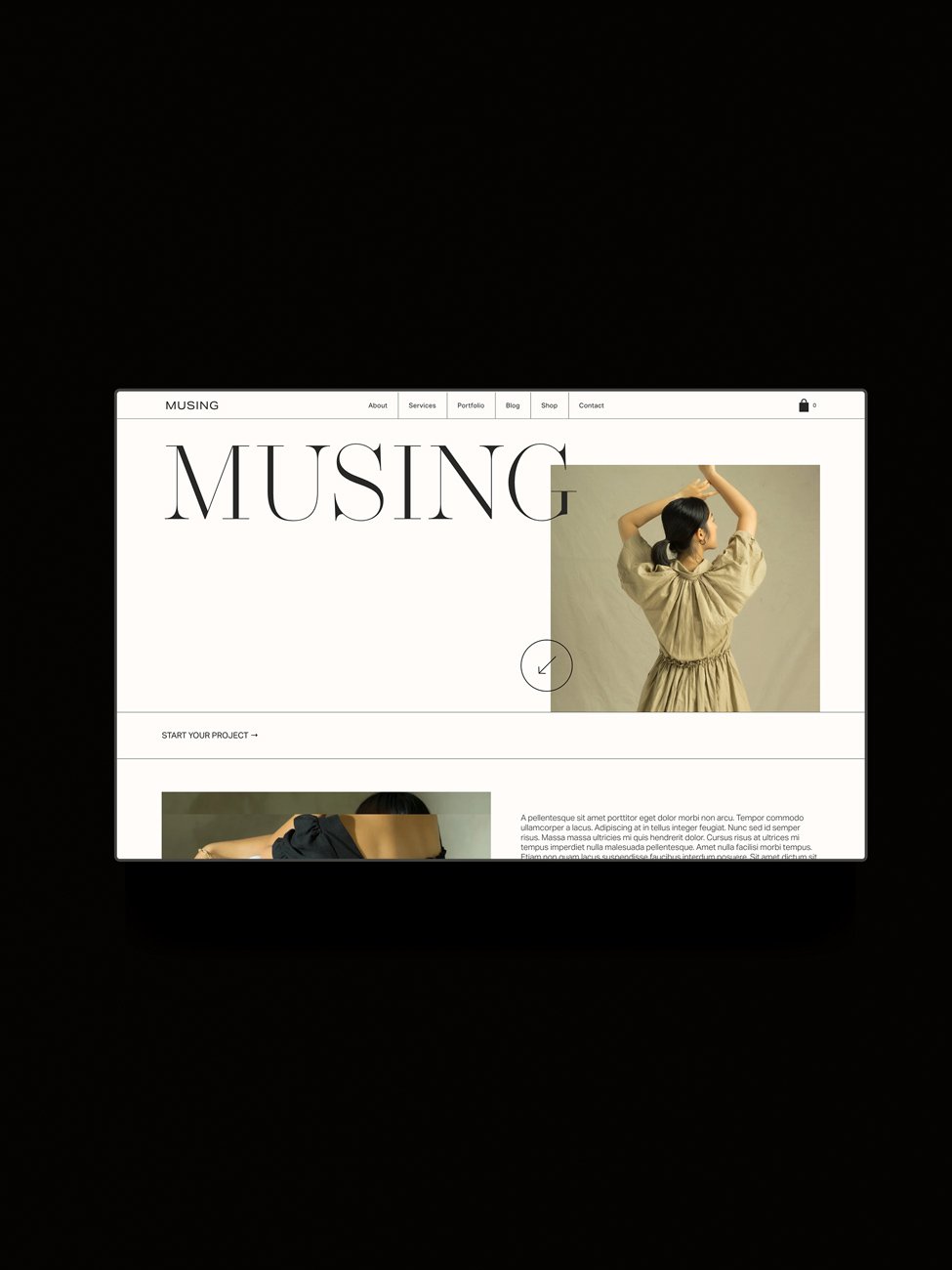 The Musing Squarespace template displayed on a horizontal screen.