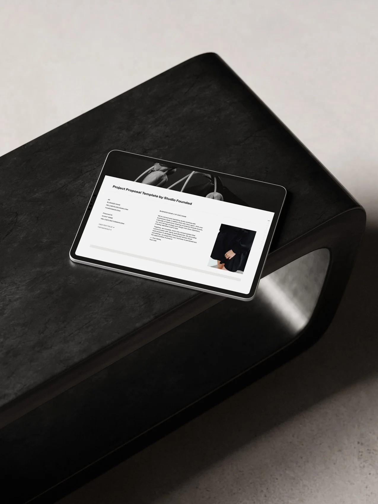 A project proposal template displayed on a iPad screen.