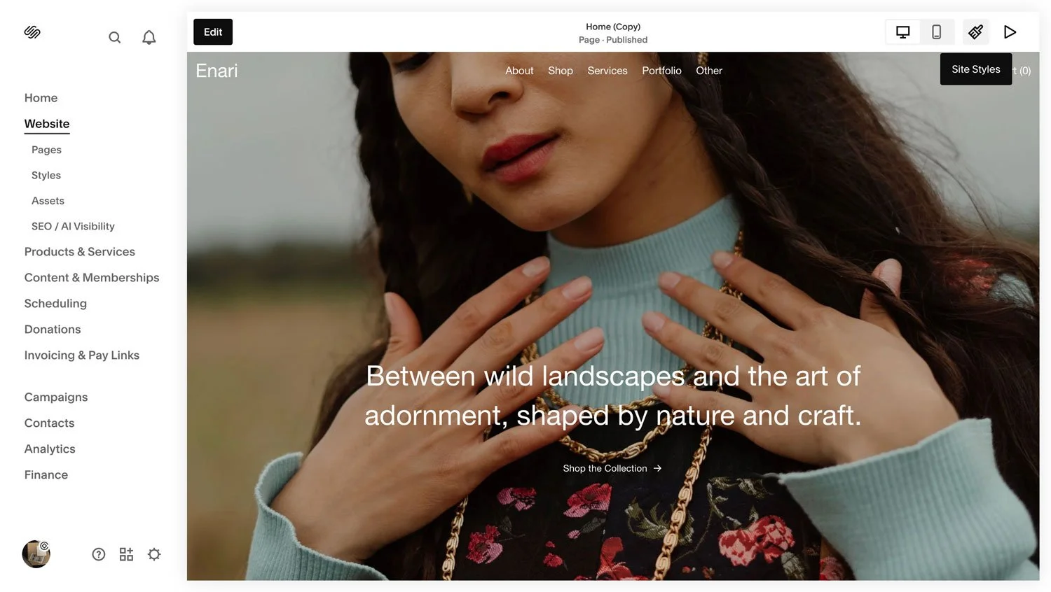 Selecting Site Styles in Squarespace.