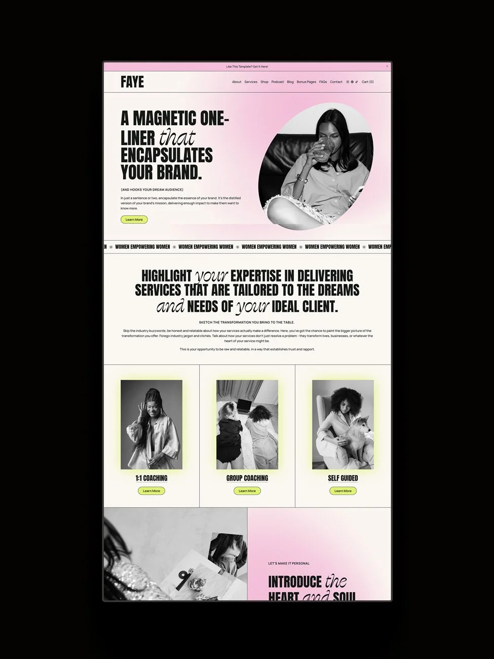 The Faye Squarespace template displayed on a vertical screen.