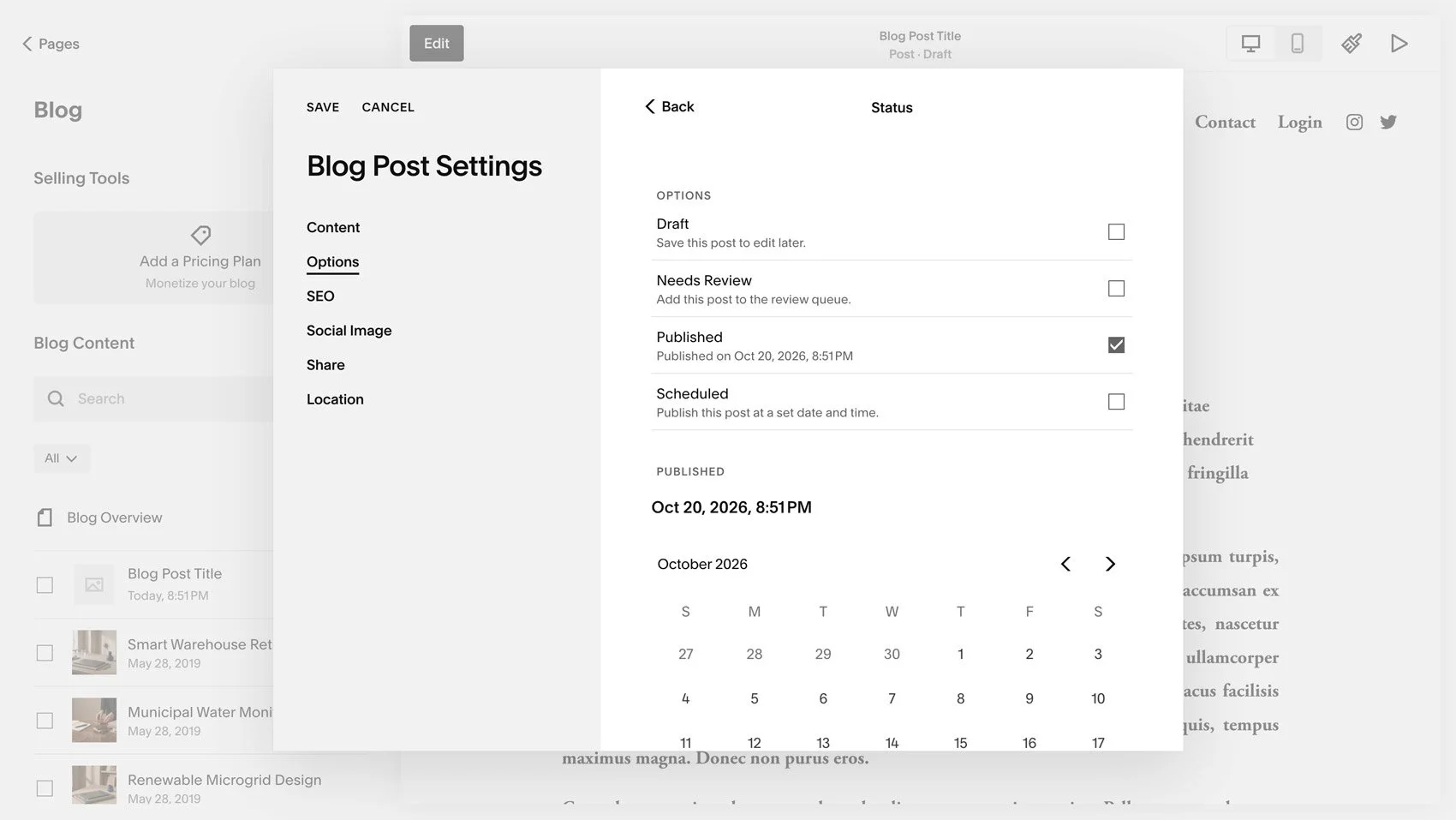 Publishing a Squarespace blog post.