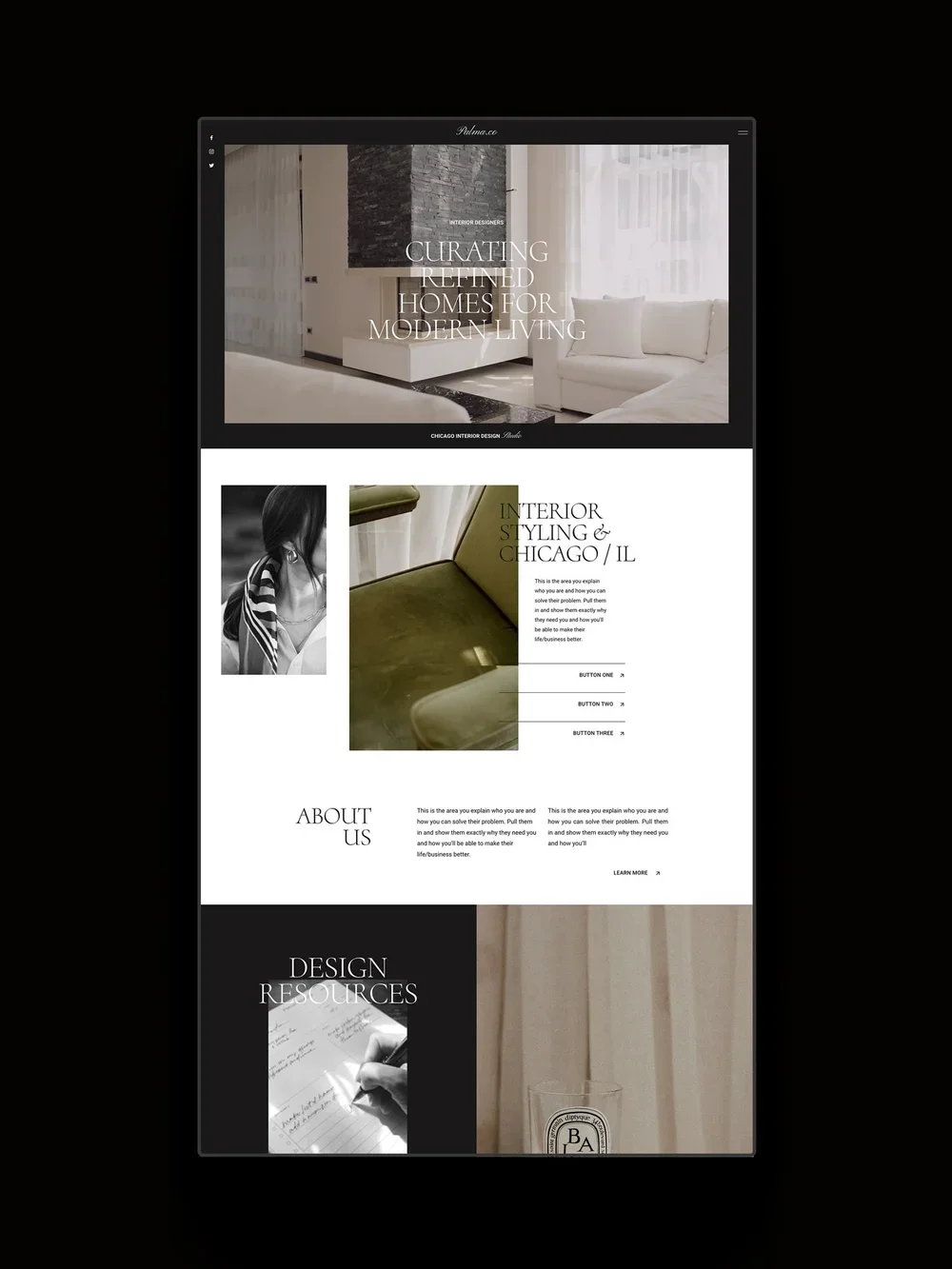 The Palma Squarespace Template displayed on a vertical screen.