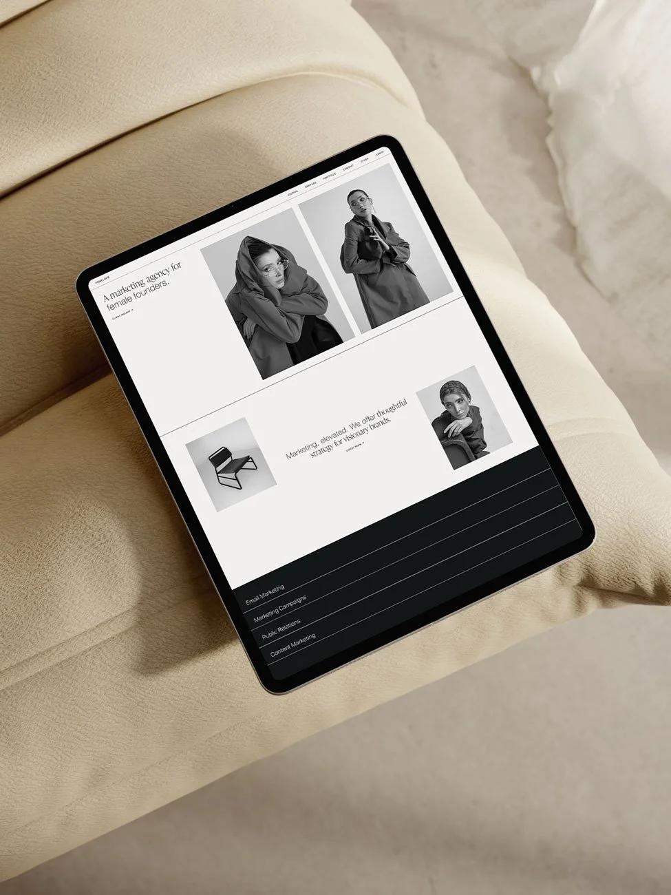 The Penelope Squarespace template for marketing agencies, displayed on an iPad.
