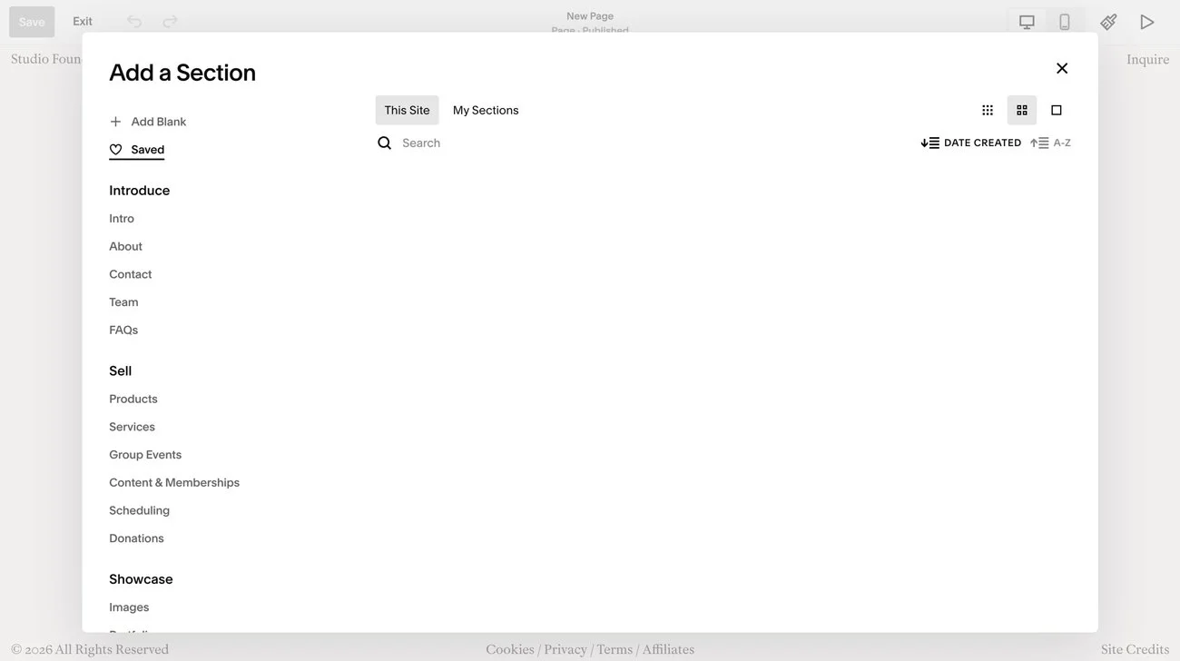 The Saved Sections area in Squarespace.