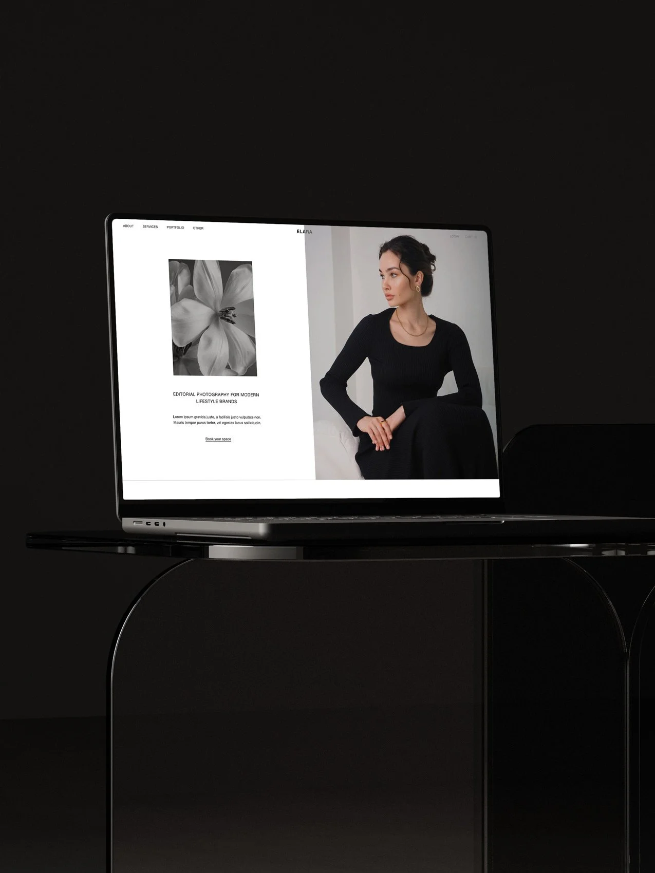 The Elara Squarespace photography template displayed on a laptop screen.