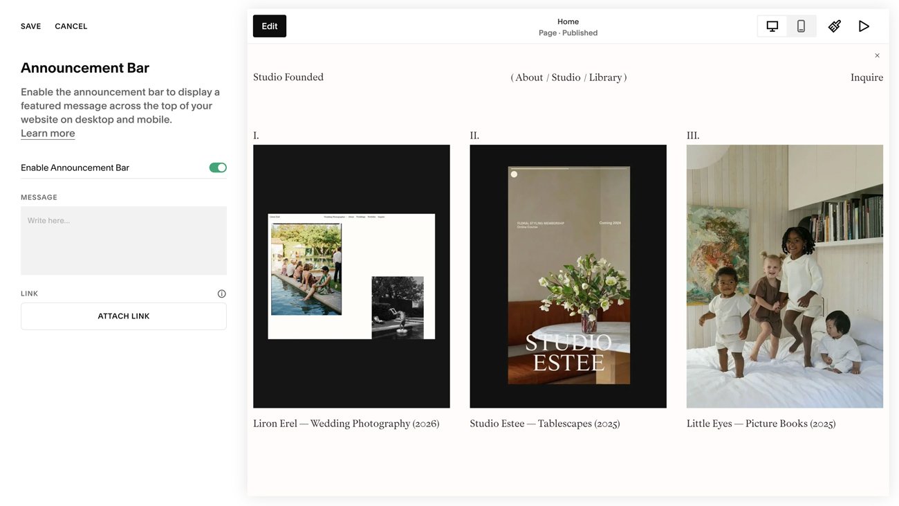 The Squarespace announcement bar message area.