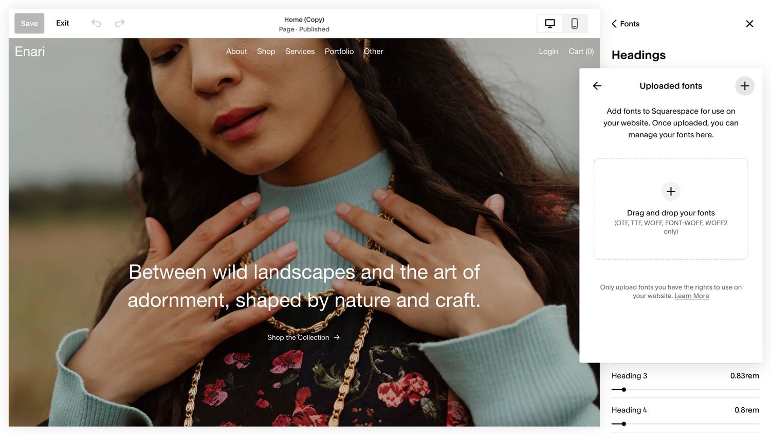 Pressing the + icon to upload a font to Squarespace.
