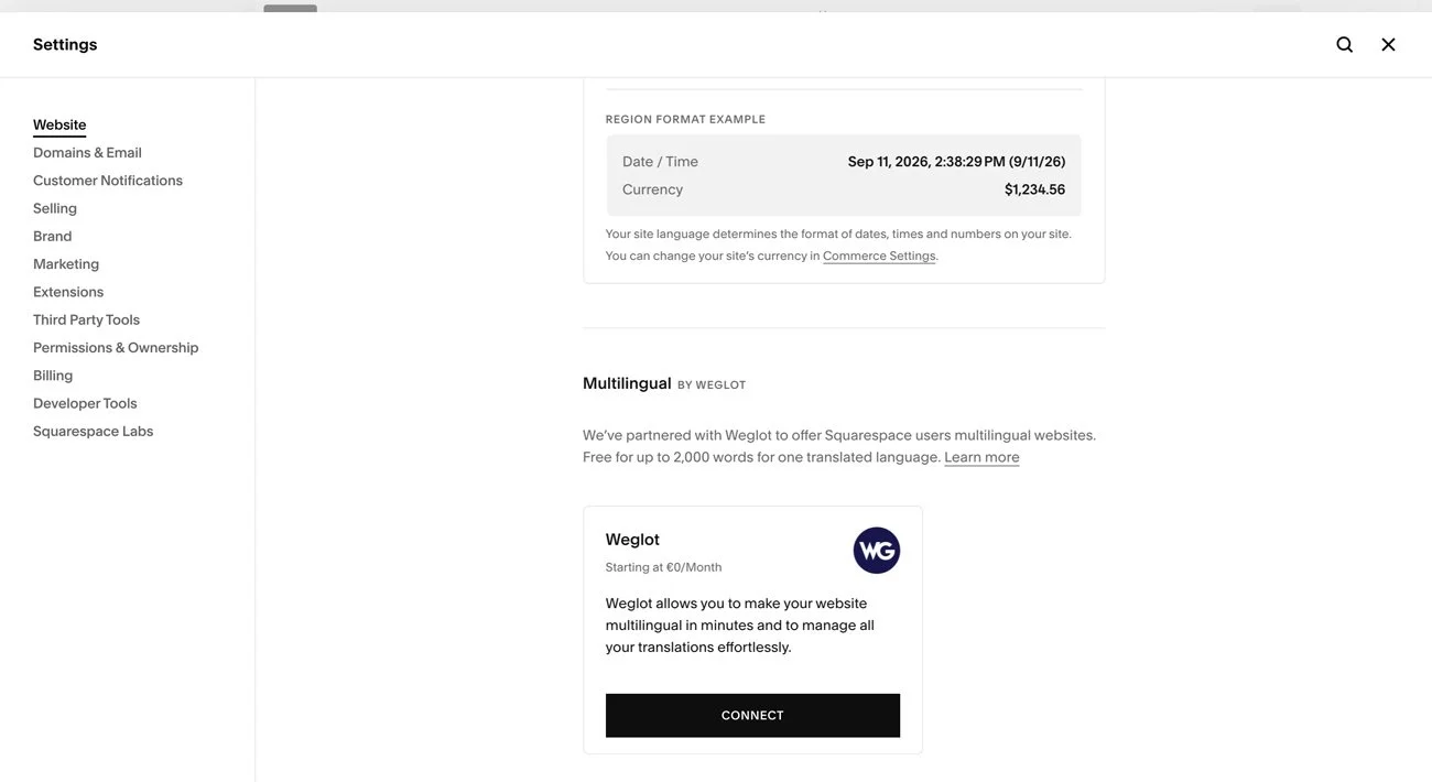 The Connect to Weglot section in Squarespace Settings.
