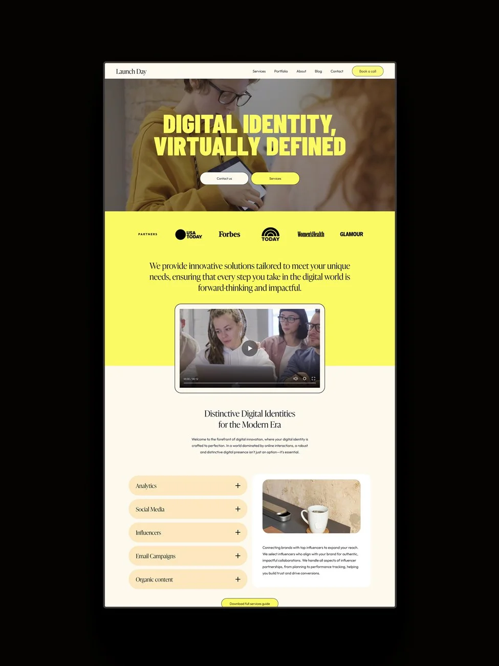 The Launch Day Squarespace template displayed on a vertical screen.