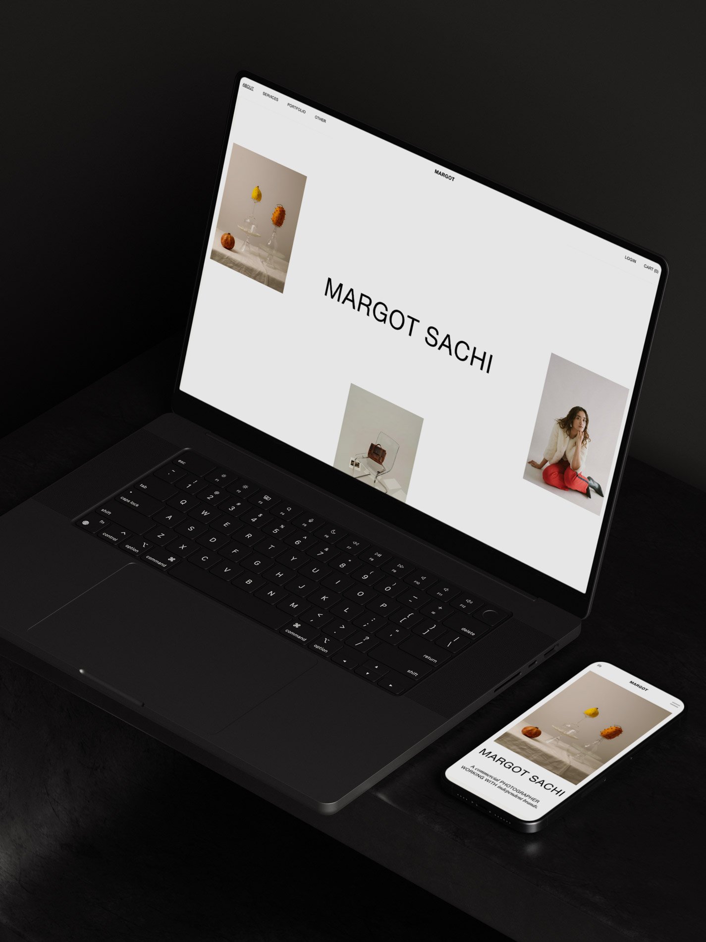 The Margot Squarespace photography template displayed on a laptop screen.