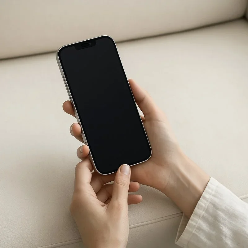 A person holding a smartphone with a black screen.