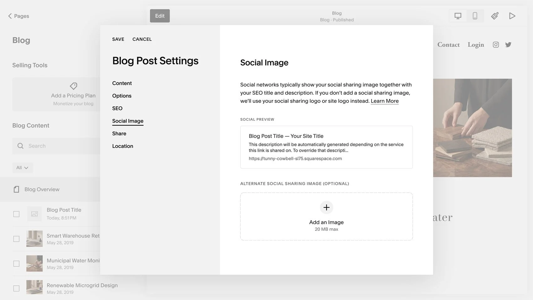 The Social Image area in Squarespace Blog Post Settings.