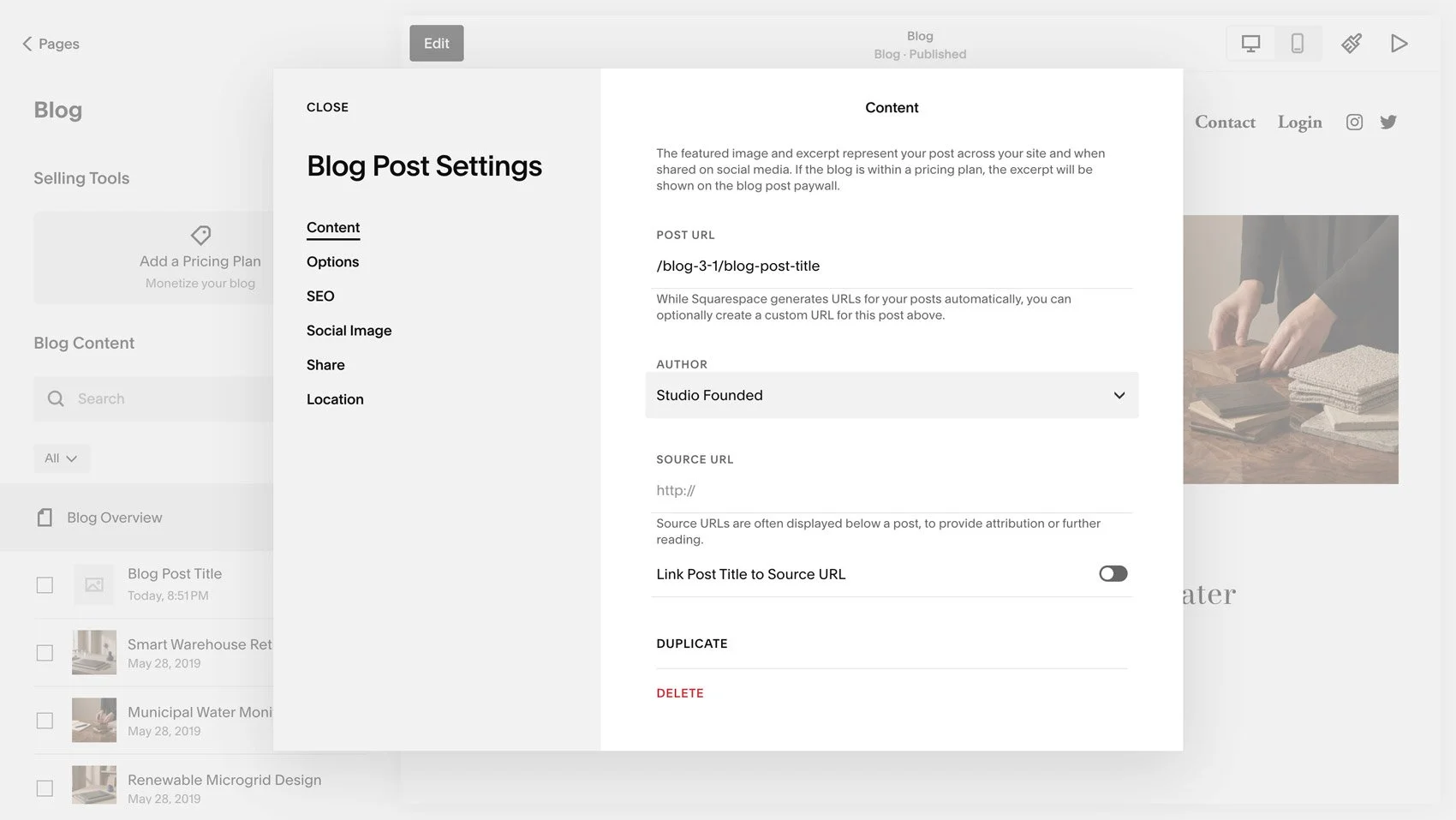 Adding an author in the Squarespace Blog Post Settings area.