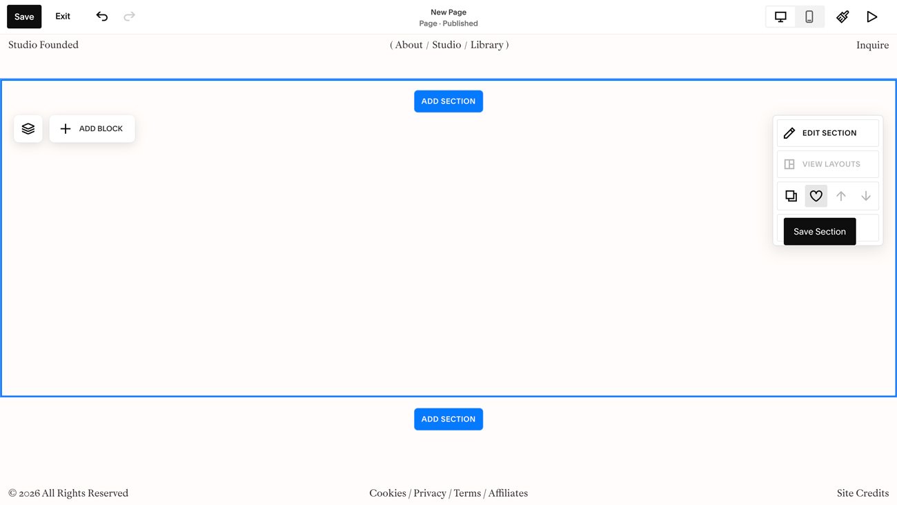 The Save Section button in Squarespace.