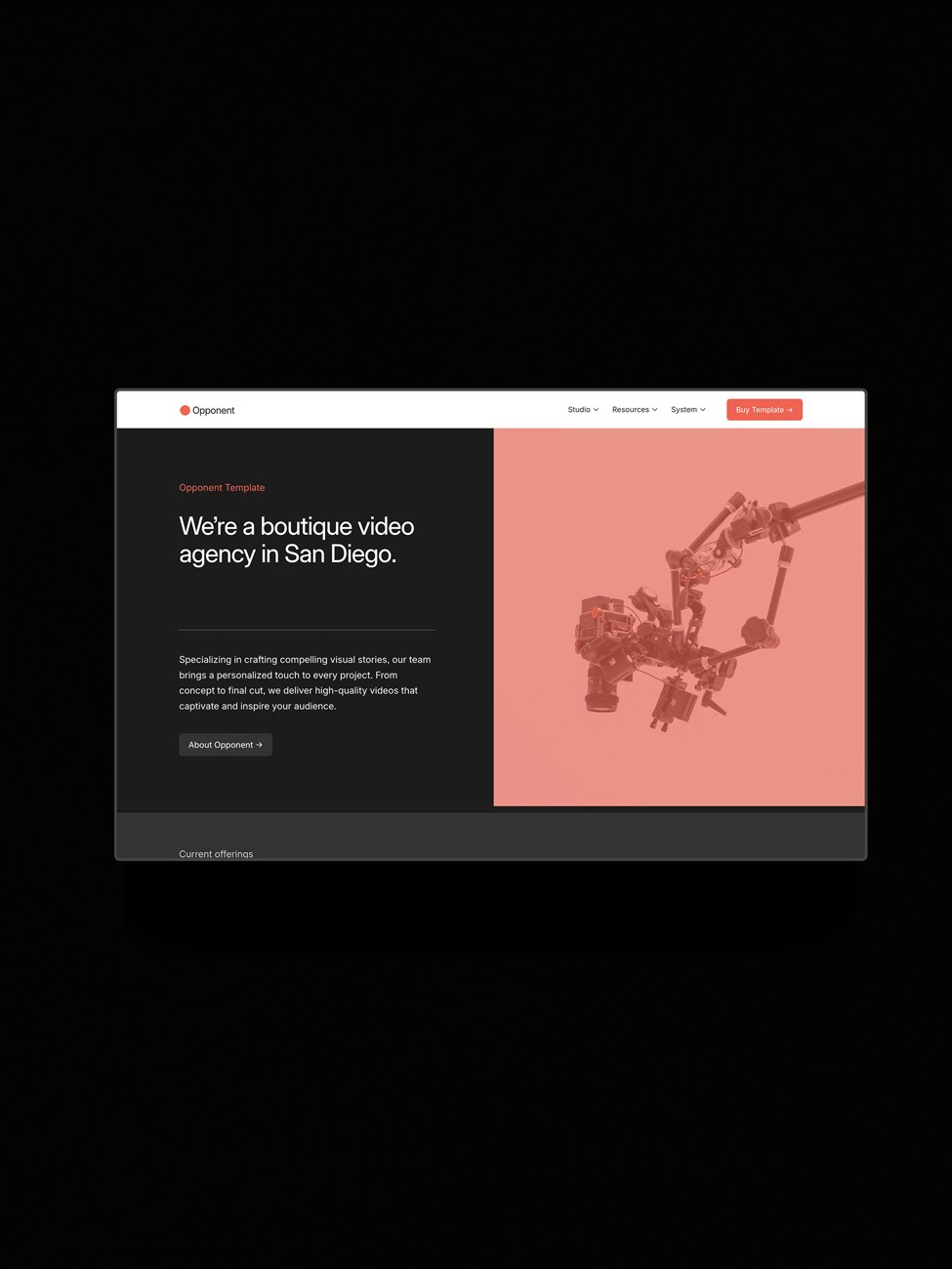 The Opponent Squarespace template displayed on a horizontal screen.