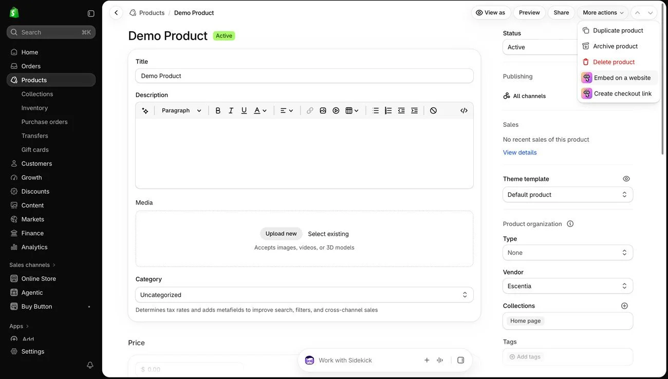 The Shopify "Embed on a website" button.